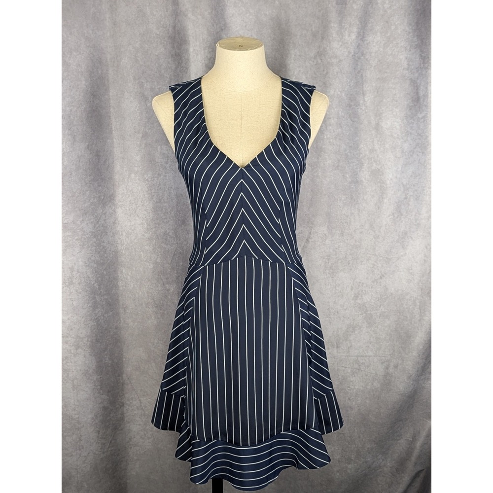 J.Crew Womens Navy Blue White Pinstripe Ruffle Hem Fit Flare Dress Size 00 C206